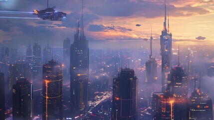 abstract background with futuristic city with high-tech buildings and flying vehicles