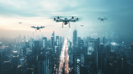 abstract background with futuristic city with high-tech buildings and flying vehicles