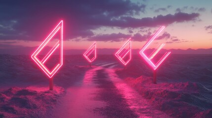 The red neon glowing arrows on the asphalt road passing through the desert with mountains, represent the straight ahead approach to success, the business career guidance in the future, and the