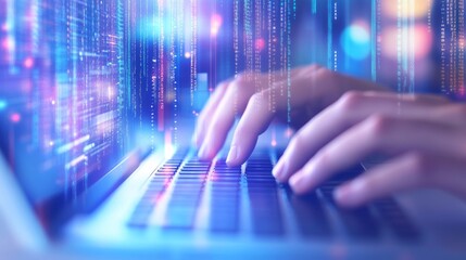 An occupation worker is typing on his laptop, a coder or programmer. A close-up shot of hands typing on the laptop, blue codes and scripts of information, binary html text and numbers, web