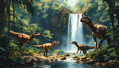 Jurassic waterfall nestled in lush jungle with dinosaurs exploring the vibrant landscape