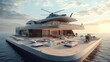 © Halina Berah - The helicopter is flying near the luxury yacht cruiser boat. A millionaire or billionaire dream lifestyle, living the dream, oceans, seas, air, summer travel, private helicopter.
