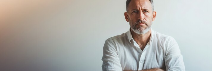 Aufkleber - The man appears serious, contemplating his thoughts while standing in a softly lit, modern space with a neutral background. Generative AI