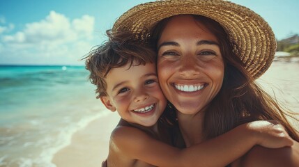 Sunburn lotion, sunblock and healthy mother and child with white sunscreen on their faces. Parent and child standing on sand beach with sunburn lotion, sunblock and healthy adult woman.