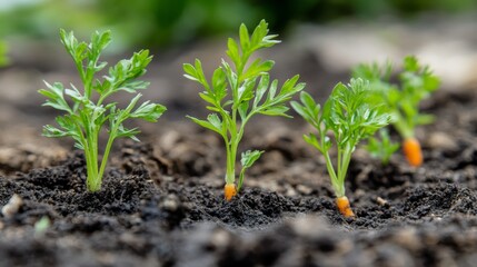 Wall Mural - Carrot plants are grown in the garden soil dirt using organic agriculture harvesting methods. Fresh farms provide healthy nutrition sources.