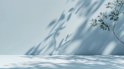 Wall Mural - Simplistic light blue backdrop for product display with tree shadow on wall.