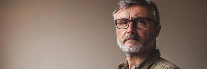 Poster - A man with grey hair and glasses displays a contemplative expression while standing against a simple background. Generative AI