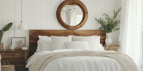 White bedroom with wooden headboard and throw.