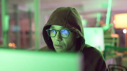 Fototapete - Business, hacking and man in information technology with computer for cyber crime, system or fraud. Office, data theft and hacker with network breach for unauthorised, server access or malware attack