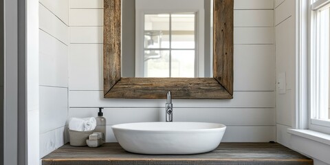 Poster - Modern bathroom with wood accents and a white sink.