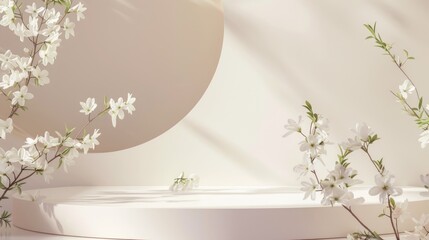 Poster - Minimal geometric podium with white flowers for cosmetic product display.