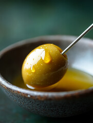 Wall Mural - Close-up of a green olive dripping with oil in a bowl.