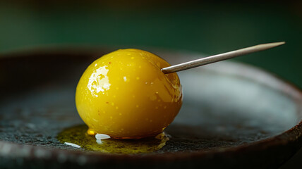 Close-up of a skewered raw egg yolk on a plate