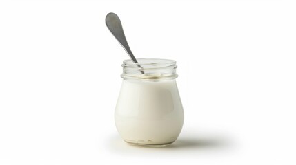 Poster - A small glass jar of creamy yogurt with a silver spoon resting inside. The clean design highlights the smooth texture. Ideal for healthy recipes and dairy product promotions. AI