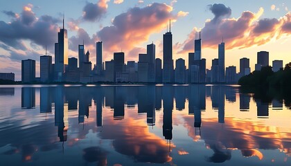 The urban buildings and faint waves set off by the skyline show the charming urban scenery and the tranquil lake. The clouds float in the sky, bringing a hazy beauty.