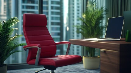 Office chair with laptop in front of black desk. A modern workspace or office interior design where employees come to work. Indoors remote internet connection for corporate workers.