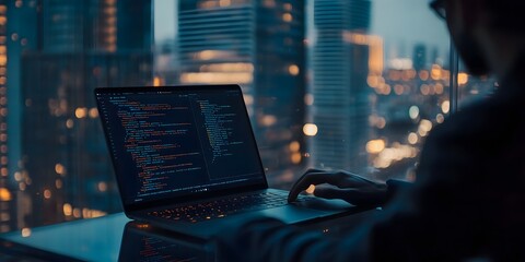 A programmer works late into the night, hunched over their laptop, the city lights twinkling in the background.