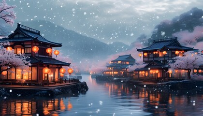 serene Japanese village illuminated by lanterns under falling snow with cherry blossom trees creating a tranquil winter landscape