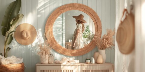 Wall Mural - A woman in a white dress reflected in a mirror.