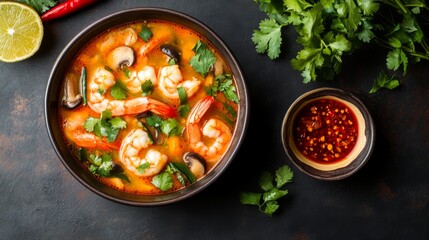 Wall Mural - Bird's-eye view of Tom Yum Goong, with shrimp, mushrooms, and herbs floating in a bright orange broth, served with a side of chili dipping sauce.