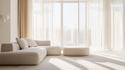 Poster - Close-up of a beautifully designed minimalistic living room featuring sleek furniture, a monochromatic color scheme, and plenty of natural light.