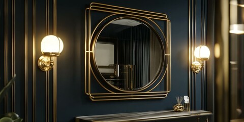 Canvas Print - Gold framed mirror, lights, and table.