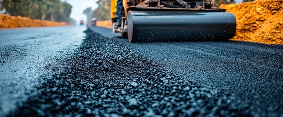 Road Construction Close-Up Roller Compacting Fresh Asphalt