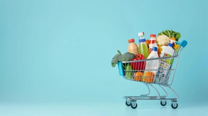 Sticker - A shopping cart filled with fresh groceries and beverages stands against a light blue background. Ideal for health and nutrition themes, promotional materials, and retail concepts. AI