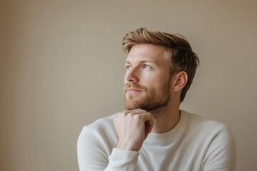 Aufkleber - A man with a beard sits quietly, resting his chin on his hand, lost in thoughtful contemplation in a serene indoor setting. Generative AI
