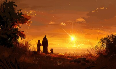 Wall Mural - A tranquil evening silhouette of a family gazing at a magnificent sunset, surrounded by golden light and nature's beauty in a serene landscape