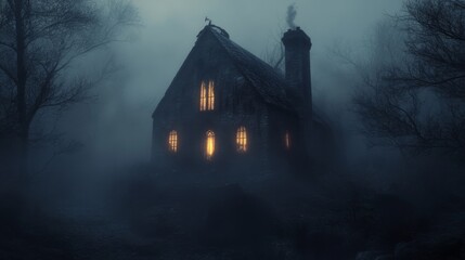 Wall Mural - A Mysterious Stone House with Glowing Windows in a Foggy Forest at Night