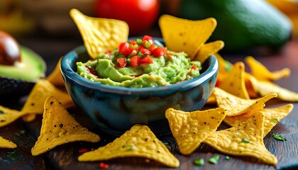 Vibrant bowl of guacamole nachos with a crispy tortilla chip backdrop on a rustic table