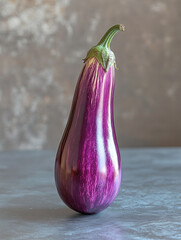 Wall Mural - A single, fresh eggplant standing on a grey surface.