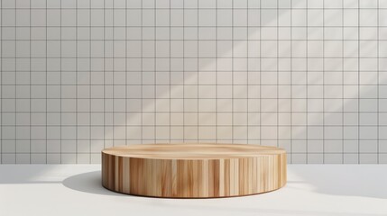 Poster - Mockup of a wooden podium on white surface with tiled wall background