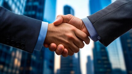 businessman shaking hands after successful deal with city in background