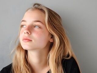 Young teenage woman girl with blonde hair isolated on gray