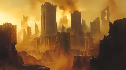 Post-apocalyptic urban wasteland. atmospheric conflict concept. Ancient Ruins. Illustration