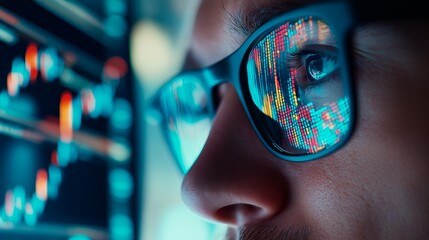 Wall Mural - stock market analysis. a man using a magnifying glass with a chart.