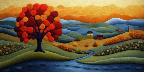 The artwork captures a colorful autumn landscape with a striking red tree, gentle hills, and a winding stream