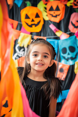 young girl set up decoration for halloween party at school