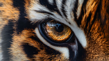 Wall Mural - tiger head eye, striped animal fur close up, orange black white pattern, iris, jungle wild cat, wildlife background