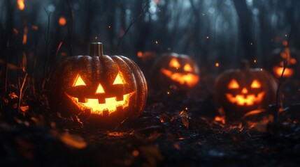 Glowing Jack-O'-Lantern in a Dark Forest