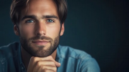 Aufkleber - The young man rests his chin on his hand, displaying an expression of seriousness and contemplation in subdued lighting. Generative AI