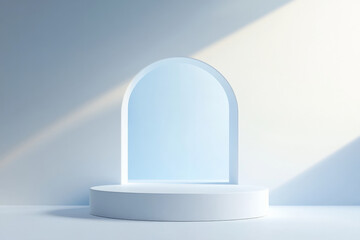 A matte white podium with clean lines, set against a soft, gradient background that transitions from light blue to white, creating a calm and peaceful atmosphere.