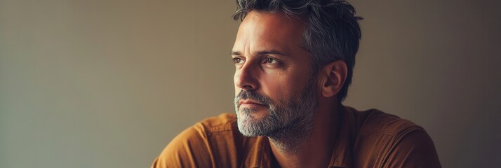 Aufkleber - A man with a serious expression sits pensively, contemplating his thoughts in a softly lit indoor space. Generative AI