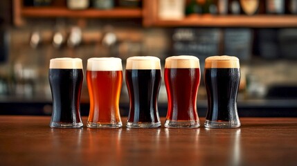 Sticker - A row of five different craft beers showcases a delightful variety of colors and styles. Each glass is filled to the brim with frothy beer. This image captures the essence of craft brewing. AI