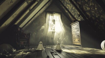 Eerie Ghosts in a Dusty Attic with a Chest of Drawers