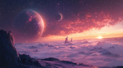 Canvas Print - A Pink Sunset Over a Distant Planet, with Mountains and Stars in the Sky