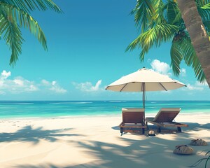 A sweeping beach vista featuring soft white sand, vibrant palm trees, and two sunbeds positioned under a broad umbrella, with the breathtaking view 