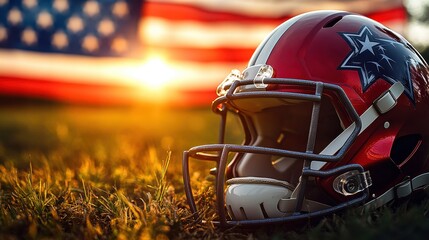 A striking football helmet glimmers in the golden light of sunset, positioned on lush grass, with the American flag beautifully waving in the background